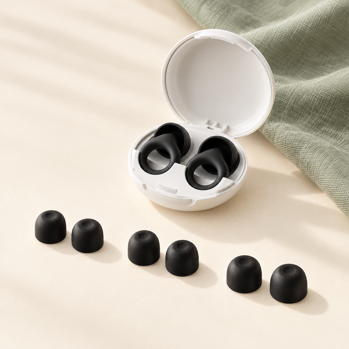 QuietPlugs in their case with spare ear tips