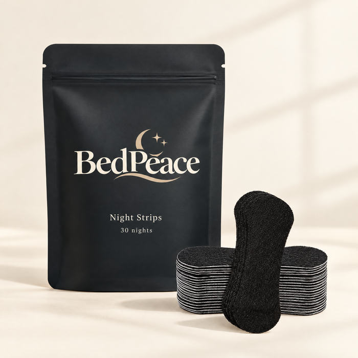 BedPeace Night Strips pouch with a stack of black nasal strips